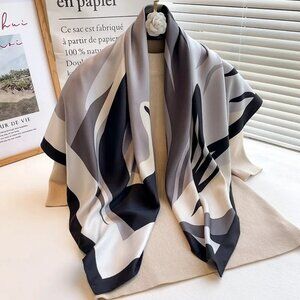 2/$30 Modern Geometric Satin Silk Scarf Swirls of White, Black, Gray